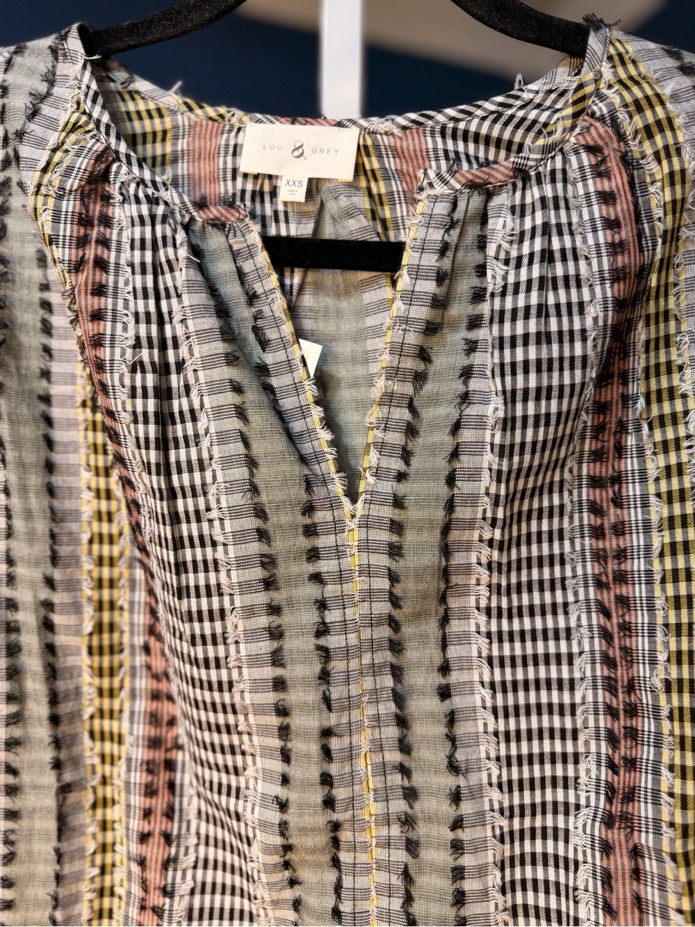 Lou & Grey Multi-Stripe Gingham V-Neck Tunic in Black, White, Yellow, and Pink